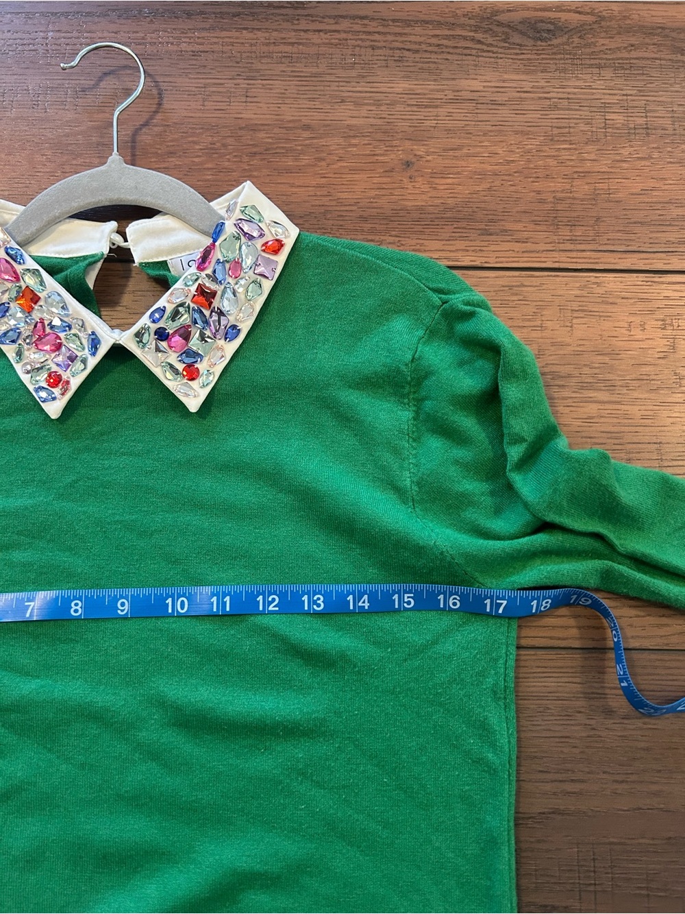 lola Green Crewneck Sweater with Jeweled Collar Party Top Maximalist M-L - Picture 6 of 8
